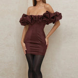 Satin Ruffle Sleeve Mini Dress Deep Red