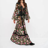 Long Sleeve Maxi Beach Floral Mesh Dress Black