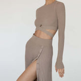 2-Piece Crew Neck Cross Tie Top and Midi Skirt Matching Set Taupe