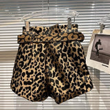 High Waist Leopard Belted Shorts Yellow