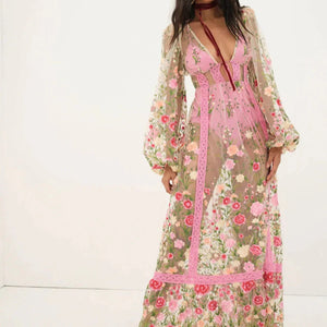 Long Sleeve Maxi Beach Floral Mesh Dress Pink