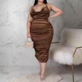 Plus Size Sleeveless Draped Satin Midi Dress Brown