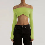 Mesh Off Shoulder Crop Top Green