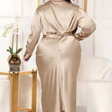 Plus Size Long Sleeve Satin Blouse Ruched Midi Dress Champagne