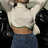 Turtleneck Crop Zig Zag Sweater White/Green