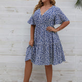 Plus Size V-Neck Short Sleeve Floral Print Midi Dress Blue