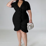 Plus Size Draped V-Neck Ruffle Midi Dress Black