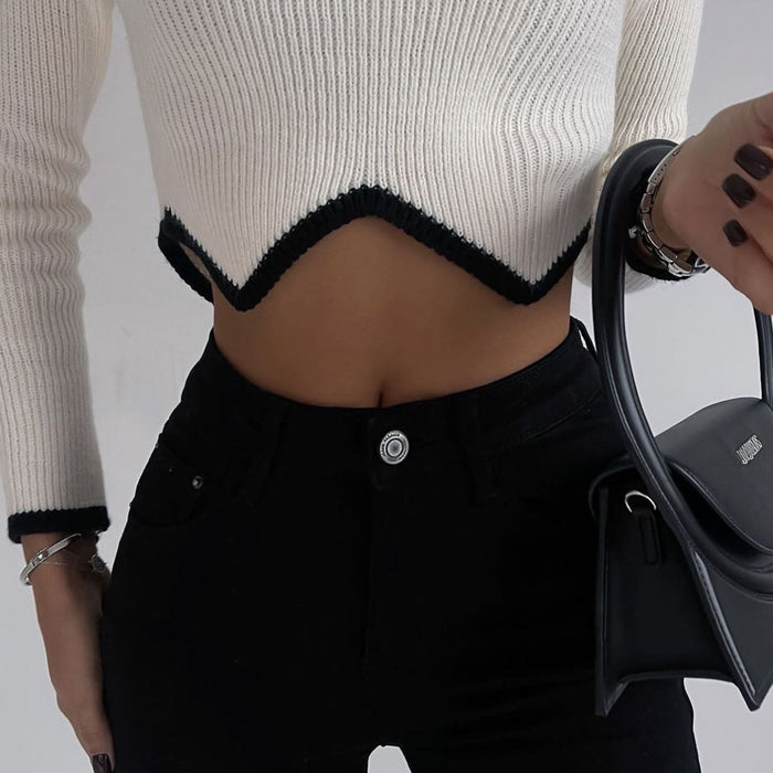 Turtleneck Crop Zig Zag Sweater White/Black