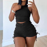 Drawstring Basic Matching Shorts Set Black