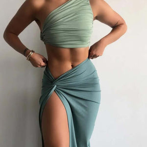 2-Piece Ruched Crop Top and High Slit Midi Skirt Matching Set Green