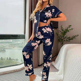 2-Piece Satin Short Sleeve Pants Sleepwear Set Dark Navy Floral