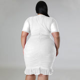 Plus Size Draped V-Neck Ruffle Midi Dress White