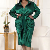 Plus Size Long Sleeve Satin Blouse Ruched Midi Dress Green