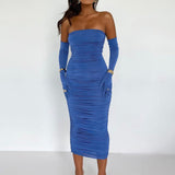 Strapless Bodycon Midi Dress With Gloves Blue