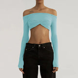 Mesh Off Shoulder Crop Blue