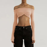 Mesh Off Shoulder Crop Top Light Pink