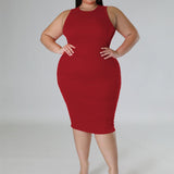 Plus Size Sleeveless Solid Bodycon Midi Dress Red