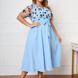 Plus Size Lace Short Sleeve Floral Print Midi Dress Blue