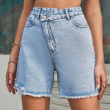 Criss Cross High Waist Denim Shorts Blue