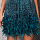 Sleeveless Fringed Sequin Feathered Mini Dress Teal