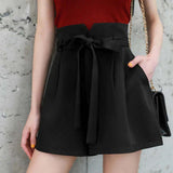 Chiffon Bow Belt High Waist Shorts Black