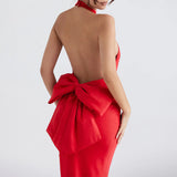 Satin Backless Bow Maxi Dress Red