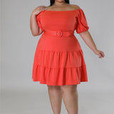 Plus Size Solid Off Shoulder Belted Midi Dress Orange