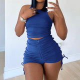 Drawstring Basic Matching Shorts Set Blue