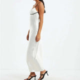 Black Trim Backless Lace-up Sling Maxi Dress White