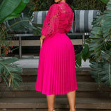 Plus Size Lace Cut Out Pleated Belted Midi Dress Hot Pink