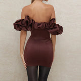 Satin Ruffle Sleeve Mini Dress Deep Red