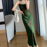 Sleeveless Floral Satin Maxi Dress Green