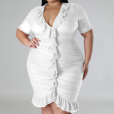 Plus Size Draped V-Neck Ruffle Midi Dress White