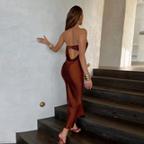 Strapless Satin Maxi Dress Brown