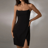 Basic Thin Shoulder Strap Side Slit Mini Dress Black