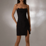 Basic Thin Shoulder Strap Side Slit Mini Dress Black