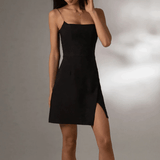 Basic Thin Shoulder Strap Side Slit Mini Dress Black