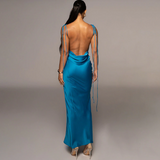 Slip Sheath Satin Ruched Maxi Dress Blue