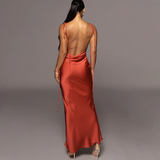 Slip Sheath Satin Ruched Maxi Dress Red