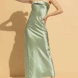 Strapless Scrunched Back Strap Satin Maxi Dress Light Green