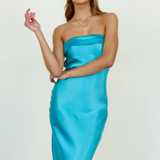 Strapless Scrunched Back Strap Satin Maxi Dress Blue