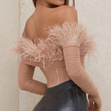 Feather Off Shoulder Long Sleeve Bodysuit Pink