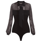 Bow Collar Long Sleeve Bodysuit Black