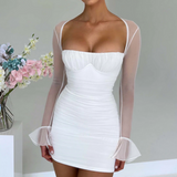 Two Layer Mesh Zipper Bodycon Mini Dress White