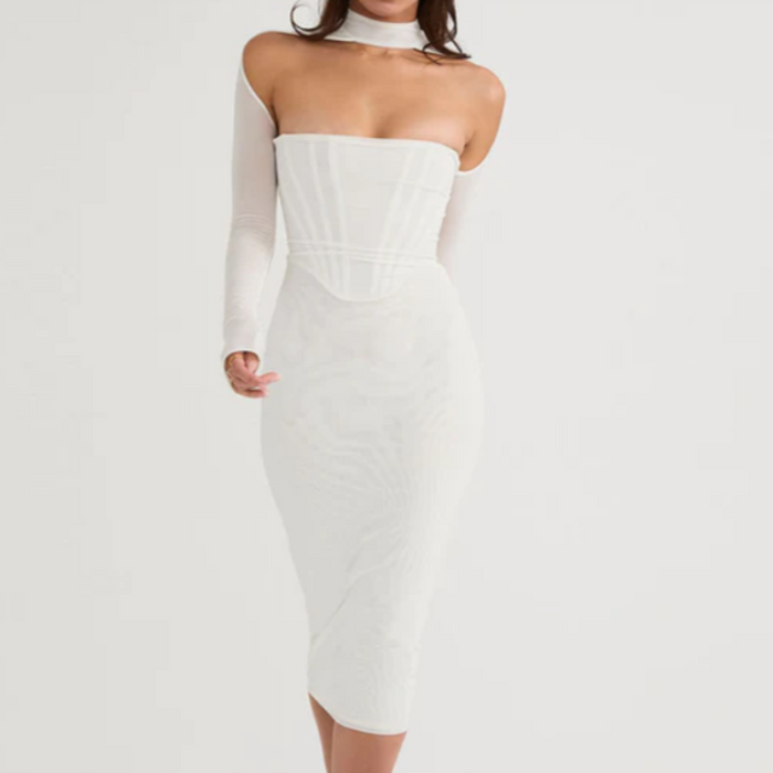 Double Layer Mesh Midi Dress White