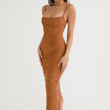 Corset Ruched Maxi Dress Brown