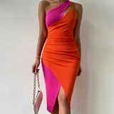 Colorblock Cutout One Shoulder Midi Dress Pink/Orange