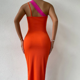 Colorblock Cutout One Shoulder Midi Dress Pink/Orange