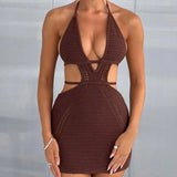 Cut Out Knit Halter Mini Dress Brown