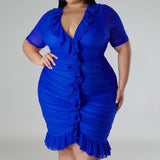 Plus Size Draped V-Neck Ruffle Midi Dress Blue